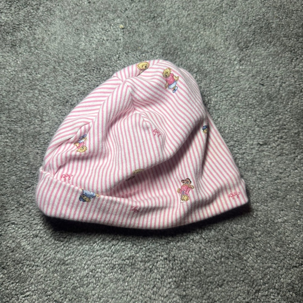 Ralph Lauren Polo Bear Beanie Girls 3-9M Pink Stripe Cotton Hat - Picture 6 of 9